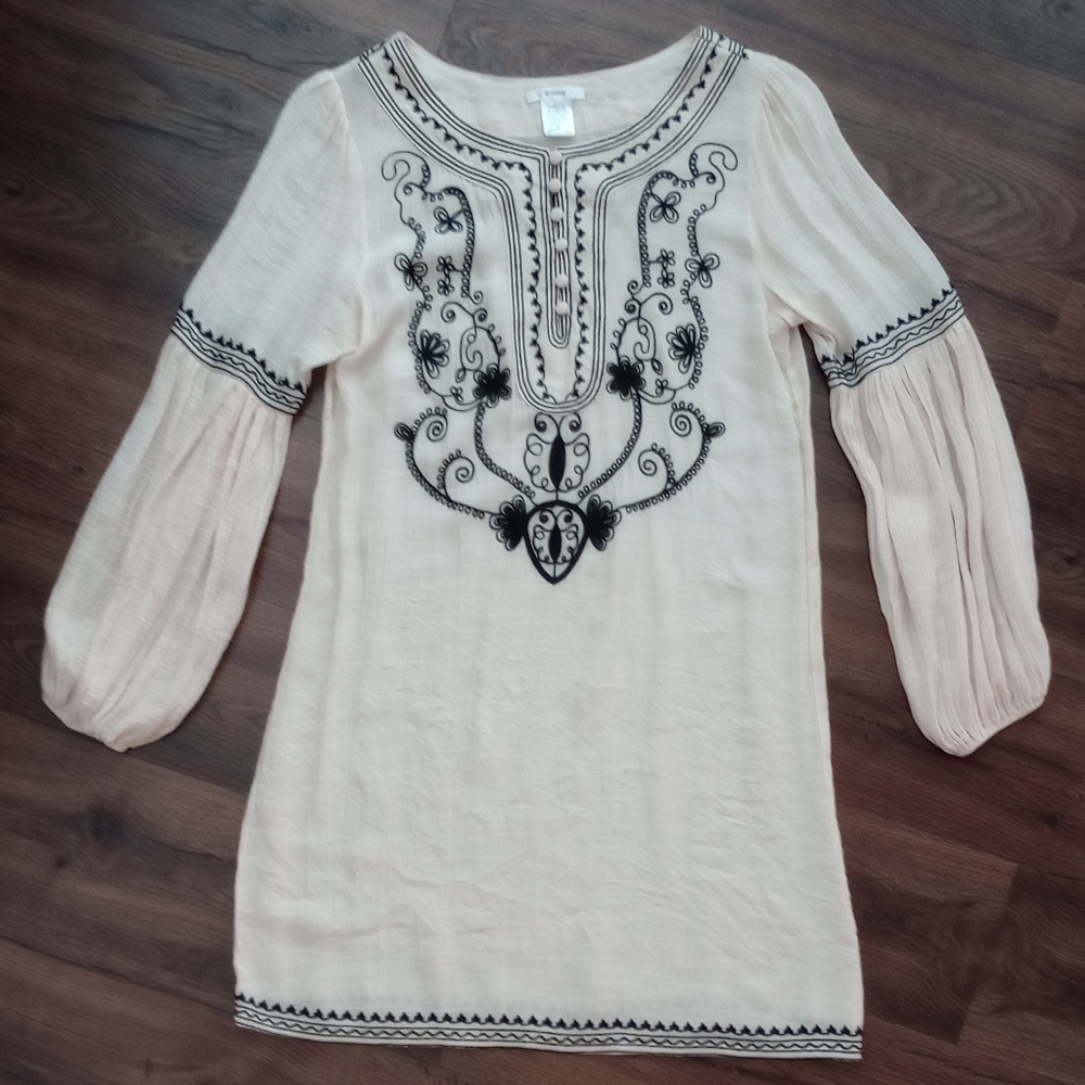 Esley Women's Embroidered Long Sleeve Cream/Black Tunic Dress Size Small